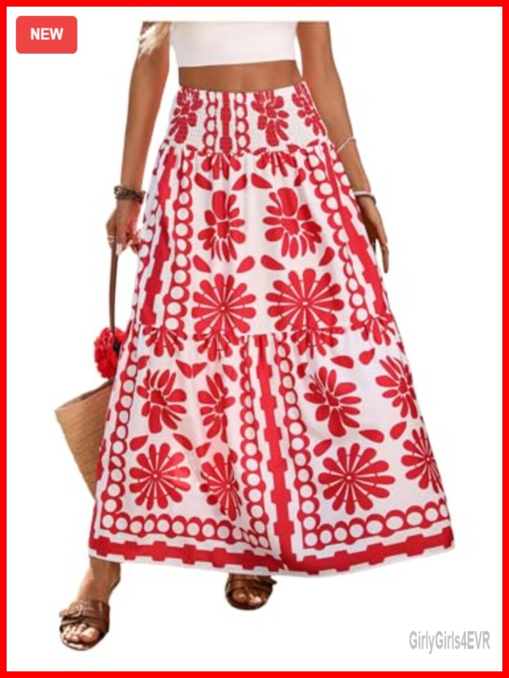 Boho Floral Print Maxi Skirt Smocked High Waisted Ruffle A Line Summer